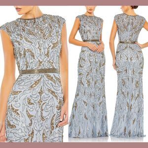 NWT Mac Duggal [ 10 ] Embellished Illusion Cap Column Gown 5532 in Platinum Gold